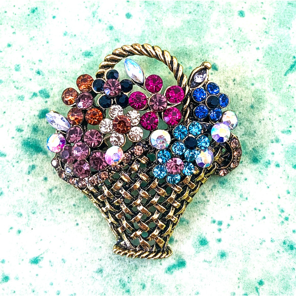 Super Sparkly Basket Full of Flowers Brooch/ Pin, Multicolored Rhinestones - NEW - Picture 4 of 5